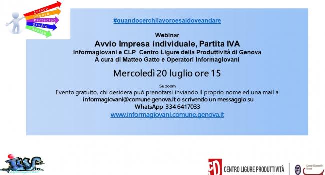 "Avvio impresa" - webinar gratuito - 20 luglio, ore 15.00 - Centro Informagiovani del Comune di Genova  