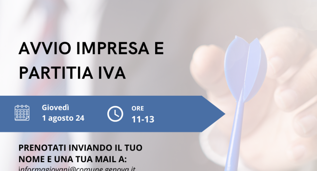 Genova, Informagiovani, CLP, giovedì 1 agosto 2024 - Incontro su: "Avvio Impresa e partita Iva"