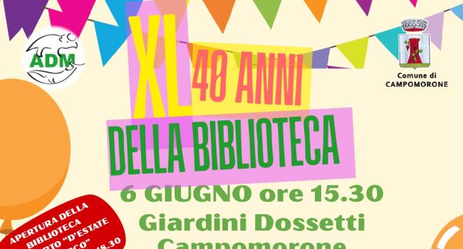 Campomorone, Biblioteca civica "Palazzo Balbi", Giardini Dossetti, venerdì 6 giugno - dalle ore 15.30 - Festa per i 40 anni della biblioteca!  