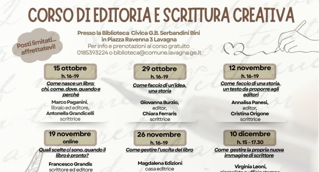 Lavagna, Biblioteca "Giovanni Serbandini Bini", dal 15 ottobre - Corso di editoria e scrittura creativa