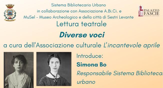 Sestri Levante, Palazzo Fascie, Sala Bo - sabato 11 marzo - ore 17 - Lettura teatrale "Diverse voci"