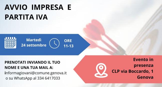 Genova, Informagiovani e CLP martedì 24 settembre 2024 - ore 11 - "Avvio impresa e partita IVA" 