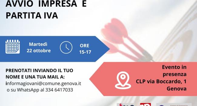 Genova, via Boccardo 1 - Sede C.L.P. - Centro informagiovani e Centro Ligure per la Produttività - Martedì 22 ottobre  2024 - dalle 15.00 alle 17.00 - "Avvio impresa e partita iva" - Evento in presenza