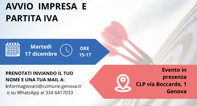  Genova, Informagiovani e CLP martedì 17 dicembre 2024 - ore 15 - "Avvio impresa e partita IVA"