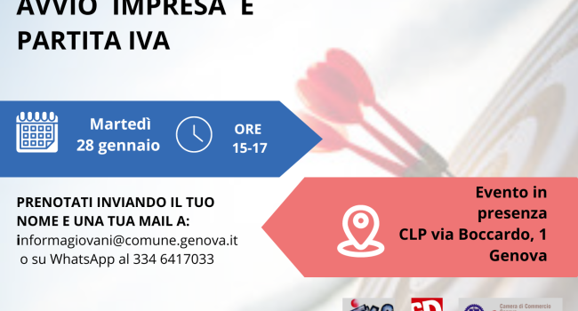  Genova, Informagiovani e CLP - martedì 28 gennaio - ore 15 - "Avvio impresa e partita IVA"