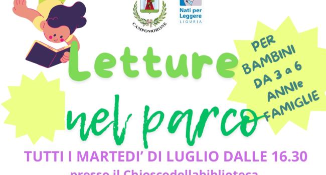  NpL Liguria - Campomorone, Biblioteca "D'estate nel parco" (Giardini Dossetti) - "Letture nel Parco" - Tutti i martedì di luglio - Per bambini 3/5 anni e famiglie
