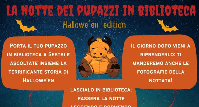 Sestri Levante, Biblioteca "Fascie Rossi", martedì 22 ottobre 2024 - ore 17 -"Notte dei pupazzi in biblioteca", in versione Halloween