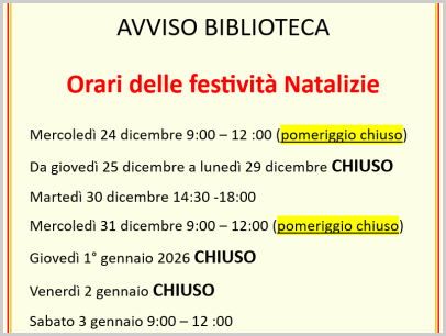 Orari festività natalizie 2025/2026