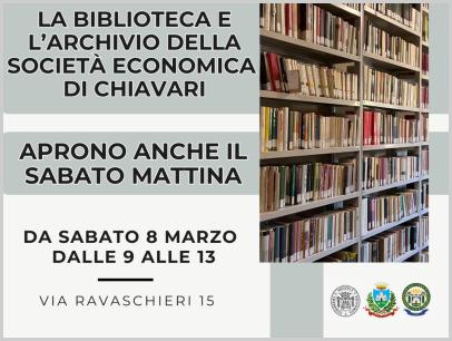  La Biblioteca e L'Archivio della Società Economica di Chiavari dall'8 marzo 2025 aprono anche il sabato - ore 9/13