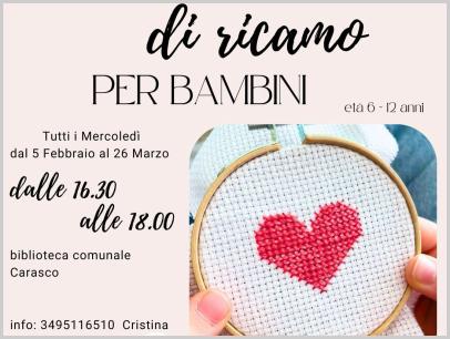  Laboratorio di ricamo per bambini nella Biblioteca di Carasco - dal 5 febbraio al 26 marzo 2025 - tutti i mercoledì.ore 16.30/18.00