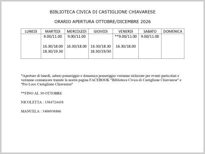 orario apertura Ottobre/Dicembre 2026