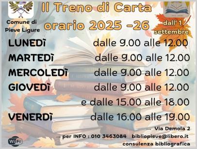 Biblioteca "Il treno di carta" - orario 2025/26 dal 1 settembre 2025 - locandina